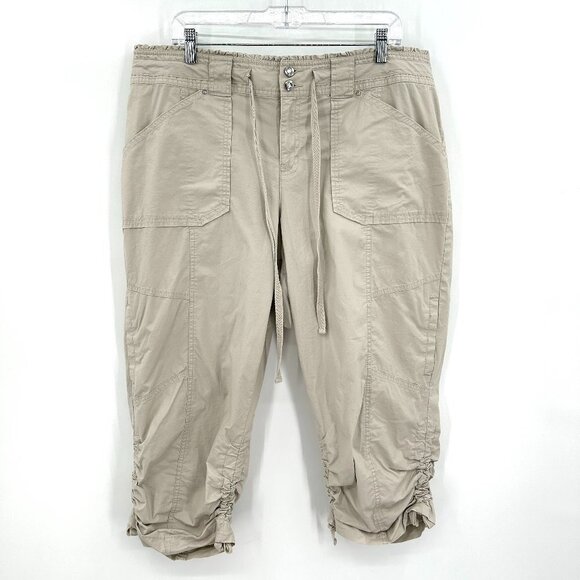 INC INTERNATIONAL CONCEPTS Khaki Crepe Cropped Ruched Waist Tie Pants Size 16 - Picture 1 of 5